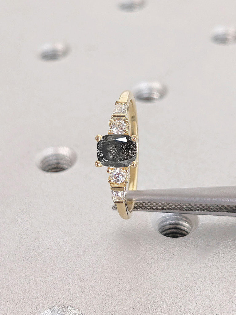 Five Stone Engagement Ring, Cushion Cut Salt and Pepper Galaxy Diamond Ring, Round & Tapered Baguette Art Deco Bridal Ring, 5 Stone Diamond Ring for Wife in Yellow Gold