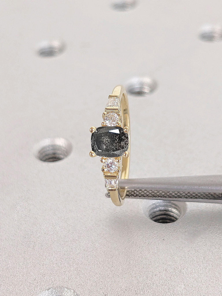 Five Stone Engagement Ring, Cushion Cut Salt and Pepper Galaxy Diamond Ring, Round & Tapered Baguette Art Deco Bridal Ring, 5 Stone Diamond Ring for Wife in Yellow Gold