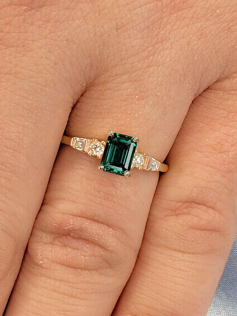 Five Stone Engagement Ring, Emerald Cut Lab Emerald and Diamond Ring, Round & Tapered Baguette Art Deco Bridal Ring, 5 Stone Diamond Ring for Wife in Rose Gold