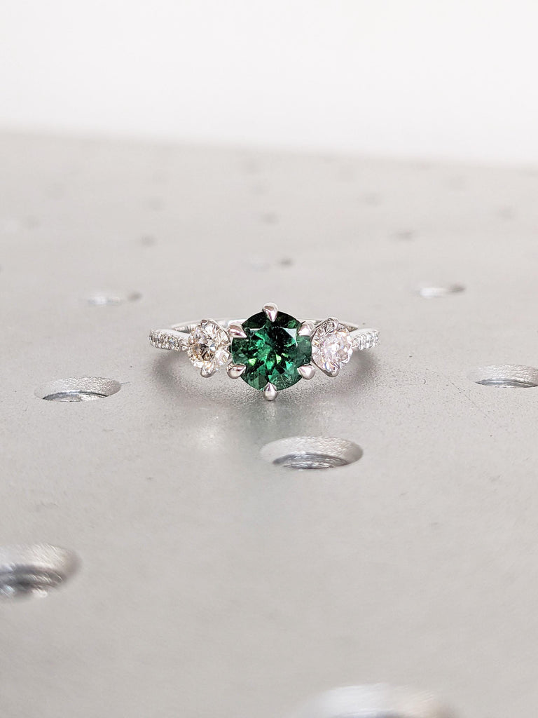Green Tourmaline Ring, Dainty 14k White Gold Ring, 3 Stone Ring, Tourmaline Gemstone Ring, Diamond Half Eternity Band, Women Wedding Ring