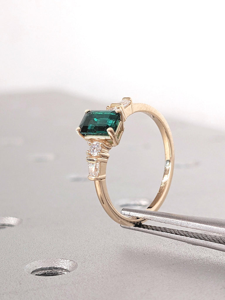 14k Rose Gold Green Emerald Rings for Women | 14k Gold Gemstone Engagement Ring | Emerald cut Engagement Ring | Promise Anniversary Ring