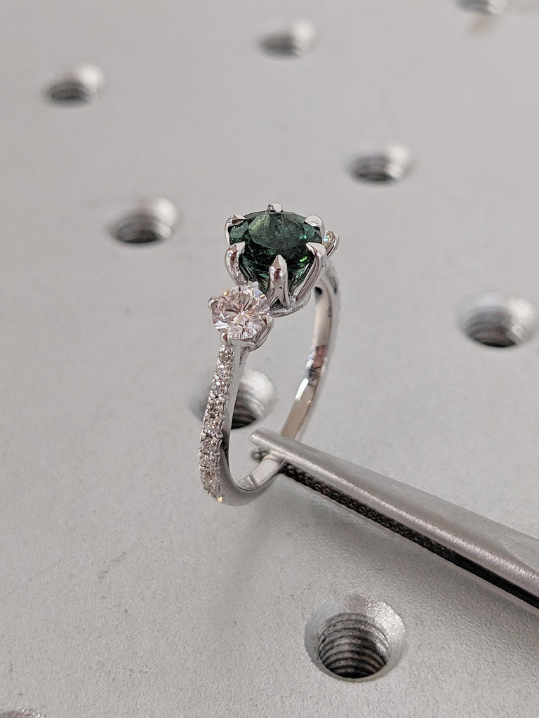 Green Tourmaline Ring, Dainty 14k White Gold Ring, 3 Stone Ring, Tourmaline Gemstone Ring, Diamond Half Eternity Band, Women Wedding Ring