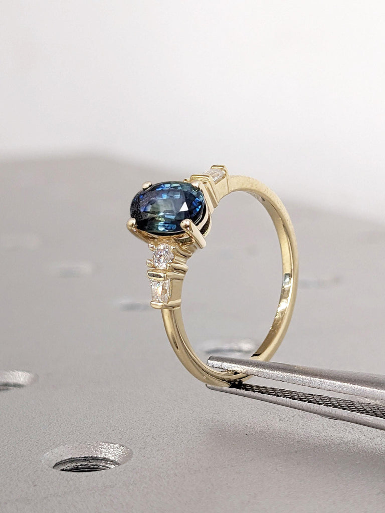 Unique Teal Sapphire Promise Ring for Her | Solid Gold Engagement Ring | 5 Stone Sapphire and Moissanite Wedding Ring | Anniversary Gift