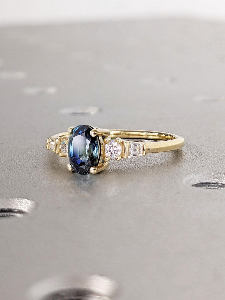 Oval cut Blue Green Sapphire Engagement Ring | 14k Yellow Gold Sapphire Ring | Dainty Engagement Ring | Sapphire and Diamond Promise Ring