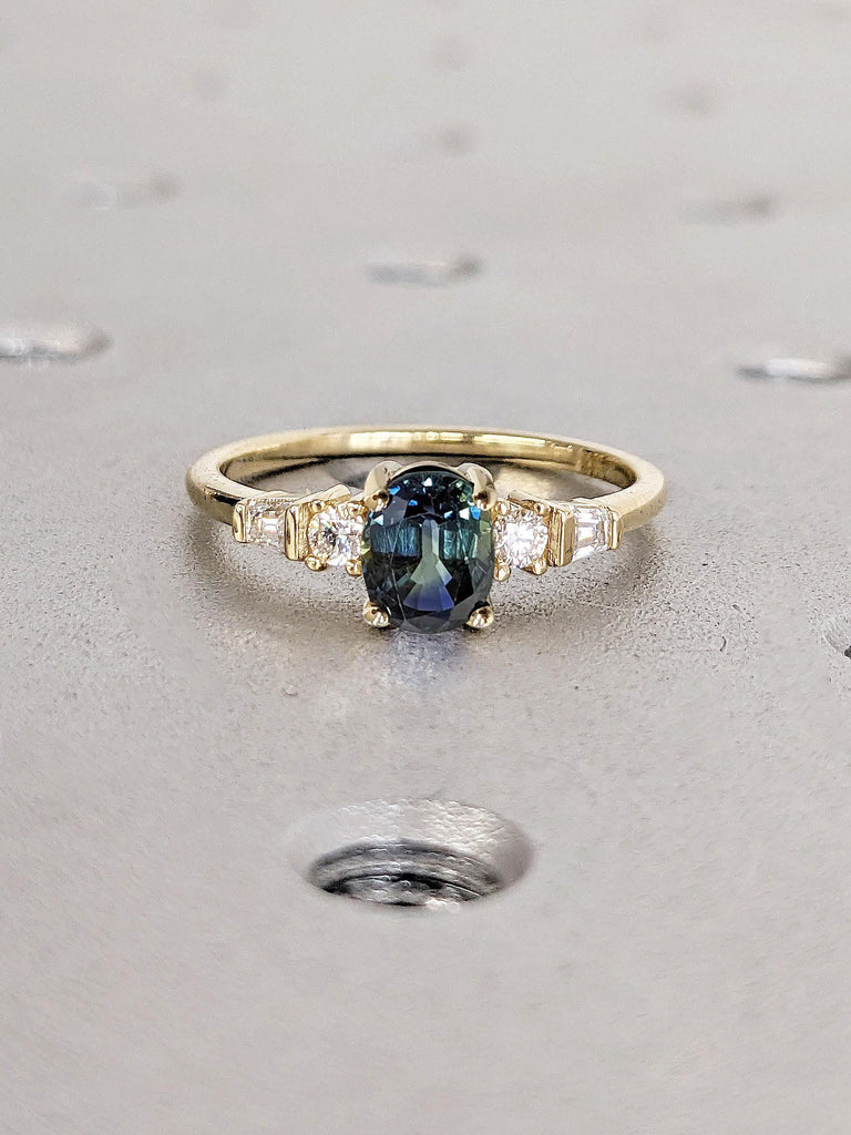 Natural Blue Green Sapphire Ring | Five Stone Engagement Ring | Oval Cut Sapphire and Diamond Ring | Round & Tapered Baguette Art Deco Bridal Ring