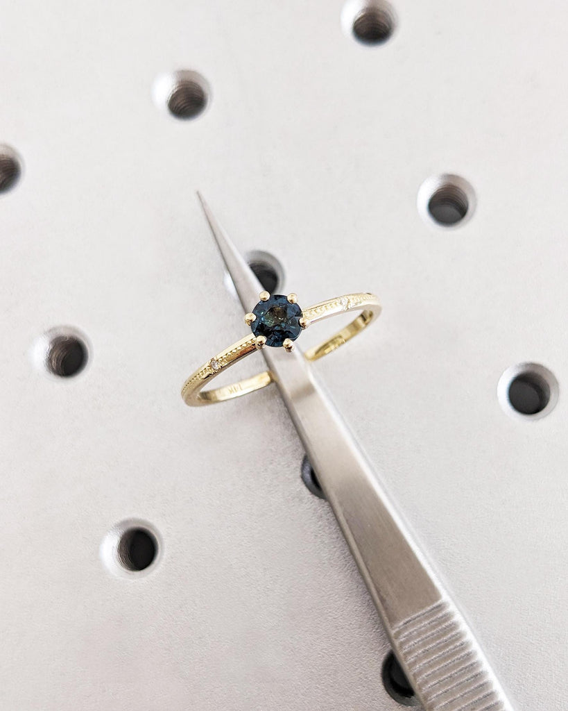 Round Cut Natural Teal Sapphire Ring, Beaded Band Dainty Engagement Ring, Peacock Blue Green Montana Sapphire, 14K Solid Gold Solitaire Ring
