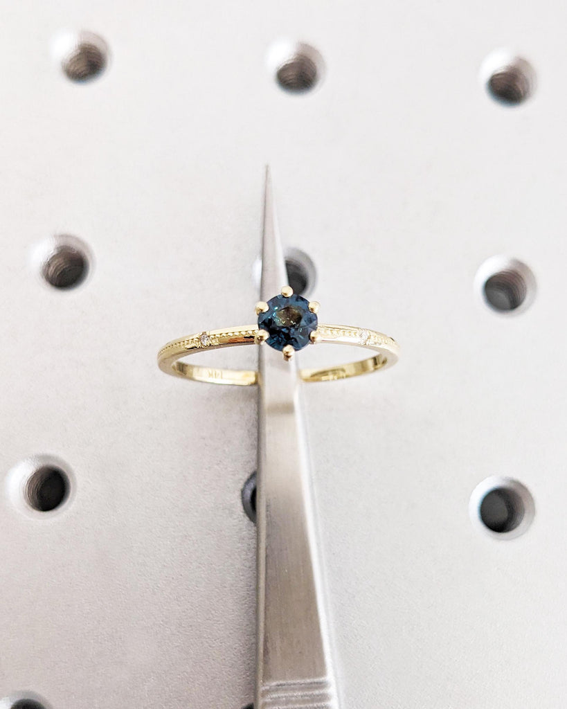 14K Gold Dainty Sapphire Engagement Ring | Peacock Sapphire Ring | Teal Sapphire, Montana Sapphire, Blue Green Sapphire Diamond Promise Ring