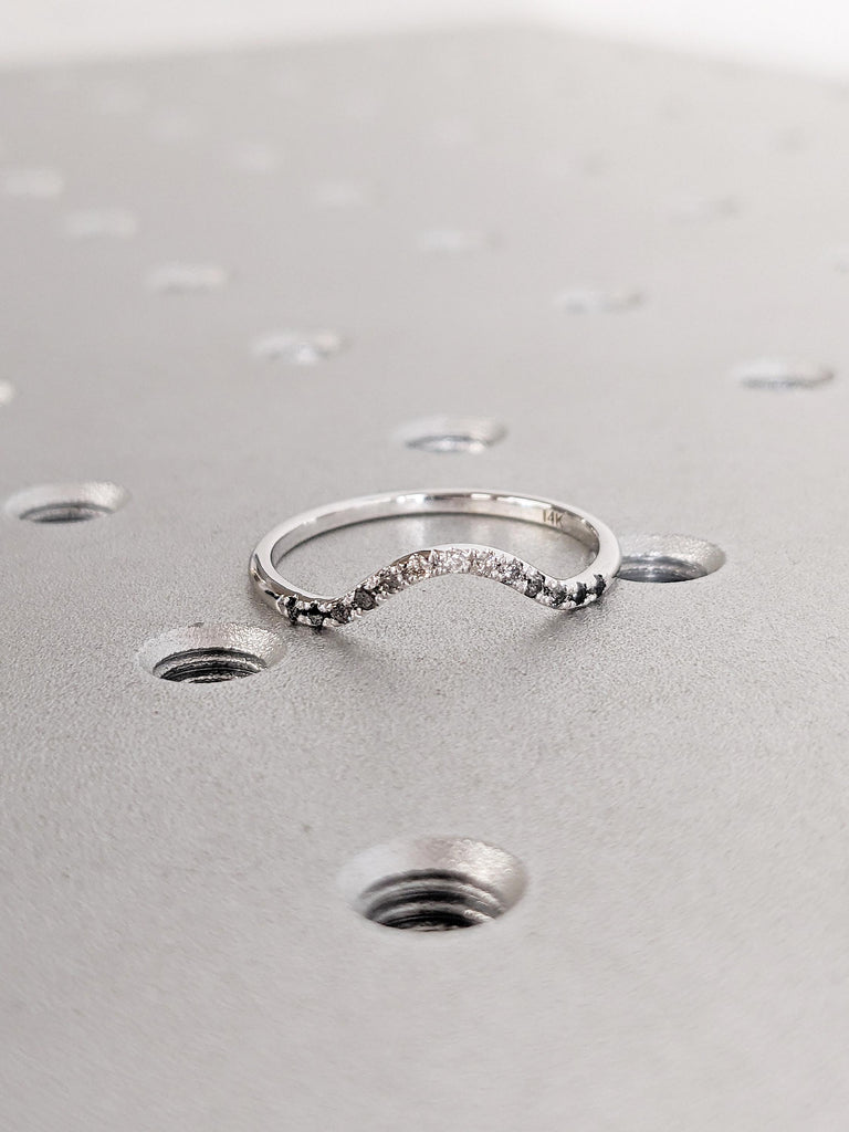 Curved Wedding Band, Ombre Diamond Matching Ring, 14k White Gold Wedding Band, Women Wedding Ring, Unique Stacking Ring, Bridal Gift for Her