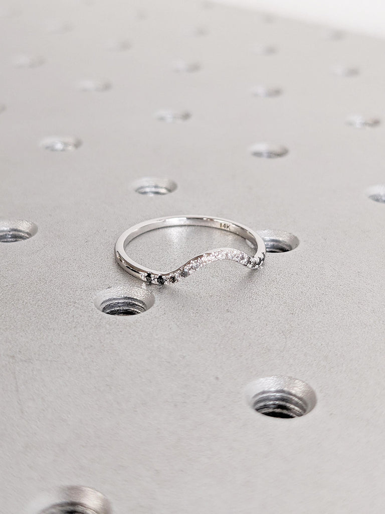 Curved Wedding Band, Ombre Diamond Matching Ring, 14k White Gold Wedding Band, Women Wedding Ring, Unique Stacking Ring, Bridal Gift for Her