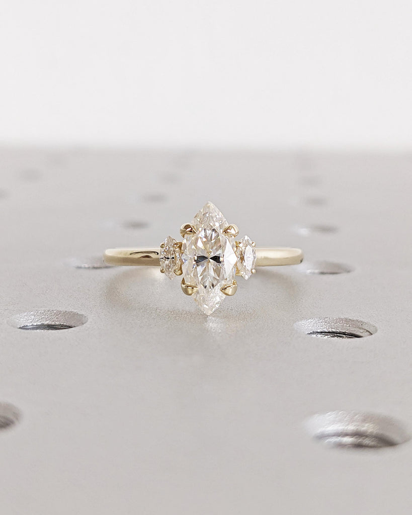 3 Stone Lab Grown Diamond Ring, 1ct Marquise Cut Lab Diamond Ring, Three Stone Engagement Ring 14K Yellow Gold Anniversary Ring Gift for Her
