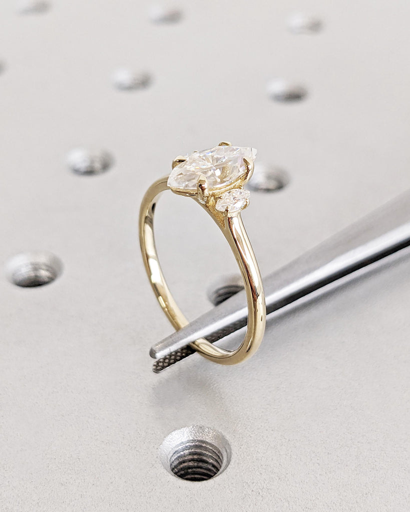 3 Stone Lab Grown Diamond Ring, 1ct Marquise Cut Lab Diamond Ring, Three Stone Engagement Ring 14K Yellow Gold Anniversary Ring Gift for Her