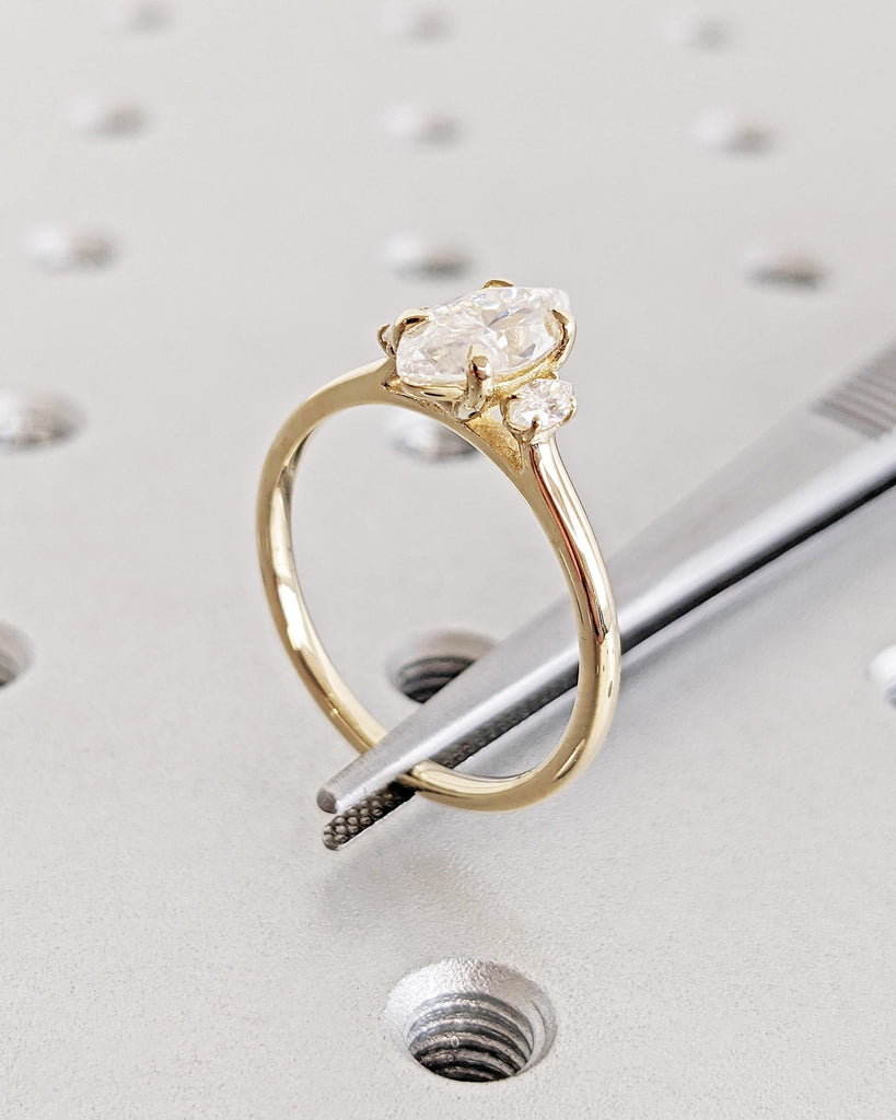 3 Stone Lab Grown Diamond Ring, 1ct Marquise Cut Lab Diamond Ring, Three Stone Engagement Ring 14K Yellow Gold Anniversary Ring Gift for Her