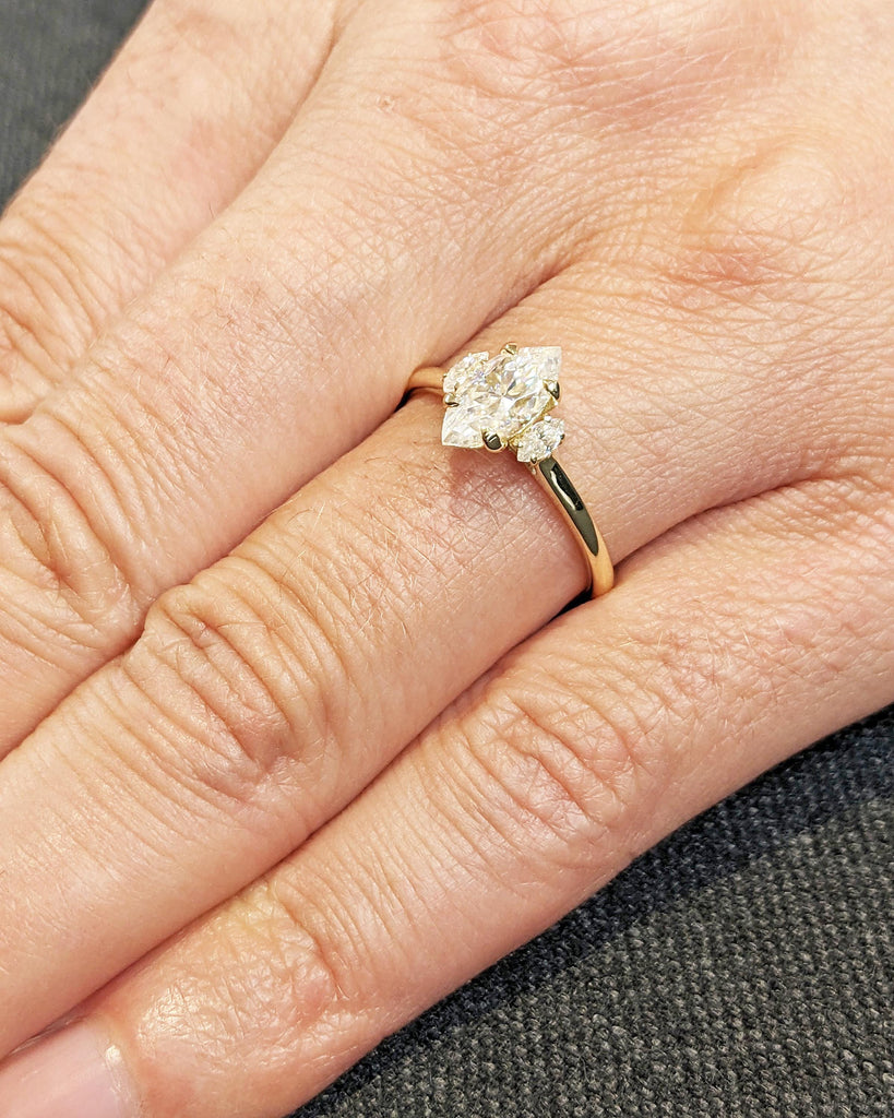 3 Stone Lab Grown Diamond Ring, 1ct Marquise Cut Lab Diamond Ring, Three Stone Engagement Ring 14K Yellow Gold Anniversary Ring Gift for Her
