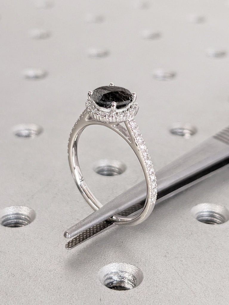 Salt and Pepper Diamond Ring, Vintage Engagement Ring, Diamond Halo 14k White Gold Ring, Bridal Gift for Her, Comfort Fit Half Eternity Band