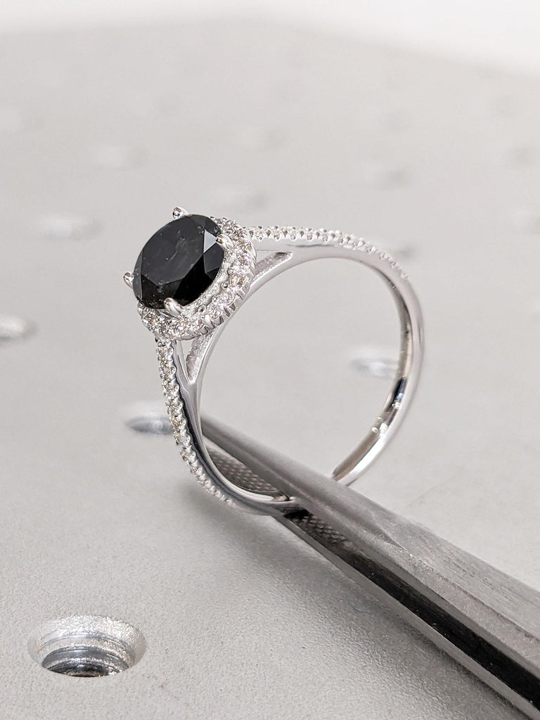 Diamond Engagement Ring | 14k Gold Promise Ring for Her | Salt and Pepper Diamond Halo Ring | Half Eternity Ring | Art Deco Comfort Fit Ring