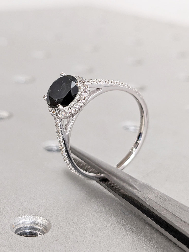 Salt and Pepper Diamond Ring, Vintage Engagement Ring, Diamond Halo 14k White Gold Ring, Bridal Gift for Her, Comfort Fit Half Eternity Band