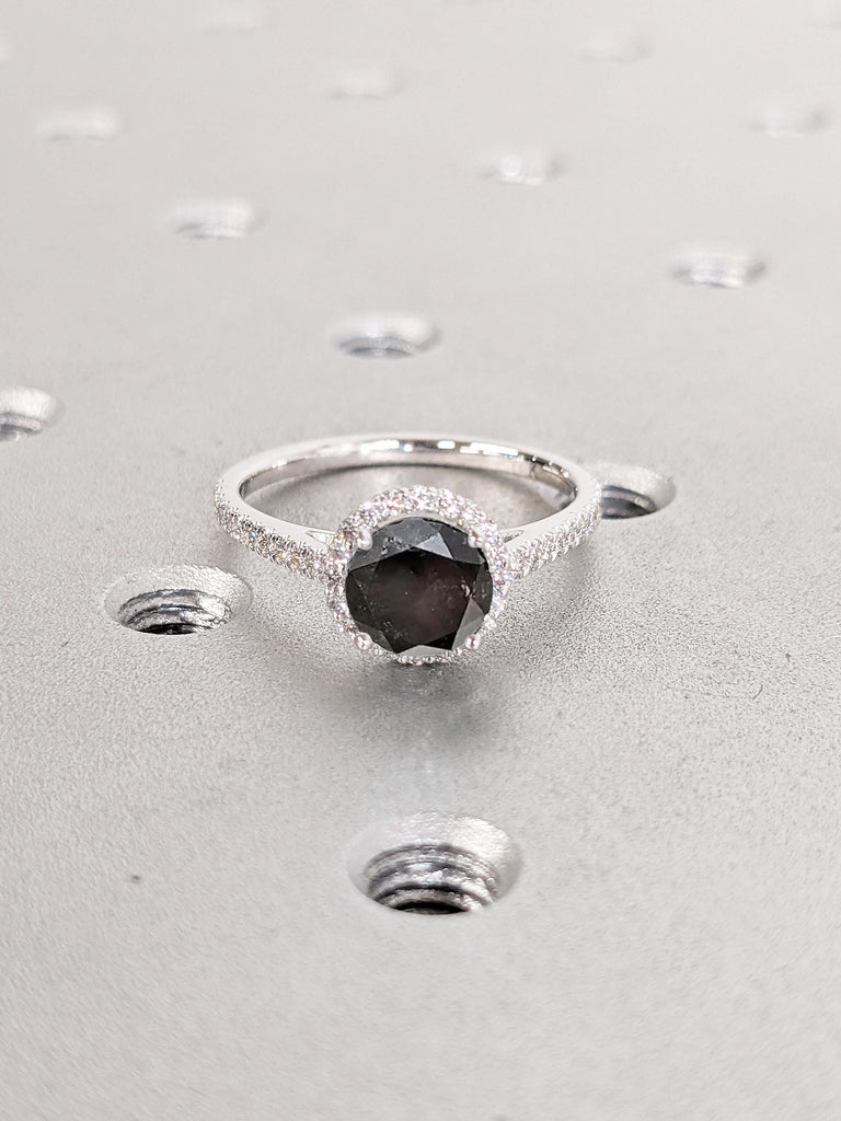 Salt and Pepper Diamond Ring, Vintage Engagement Ring, Diamond Halo 14k White Gold Ring, Bridal Gift for Her, Comfort Fit Half Eternity Band