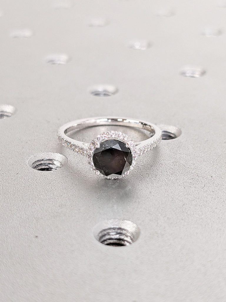 Diamond Engagement Ring | 14k Gold Promise Ring for Her | Salt and Pepper Diamond Halo Ring | Half Eternity Ring | Art Deco Comfort Fit Ring