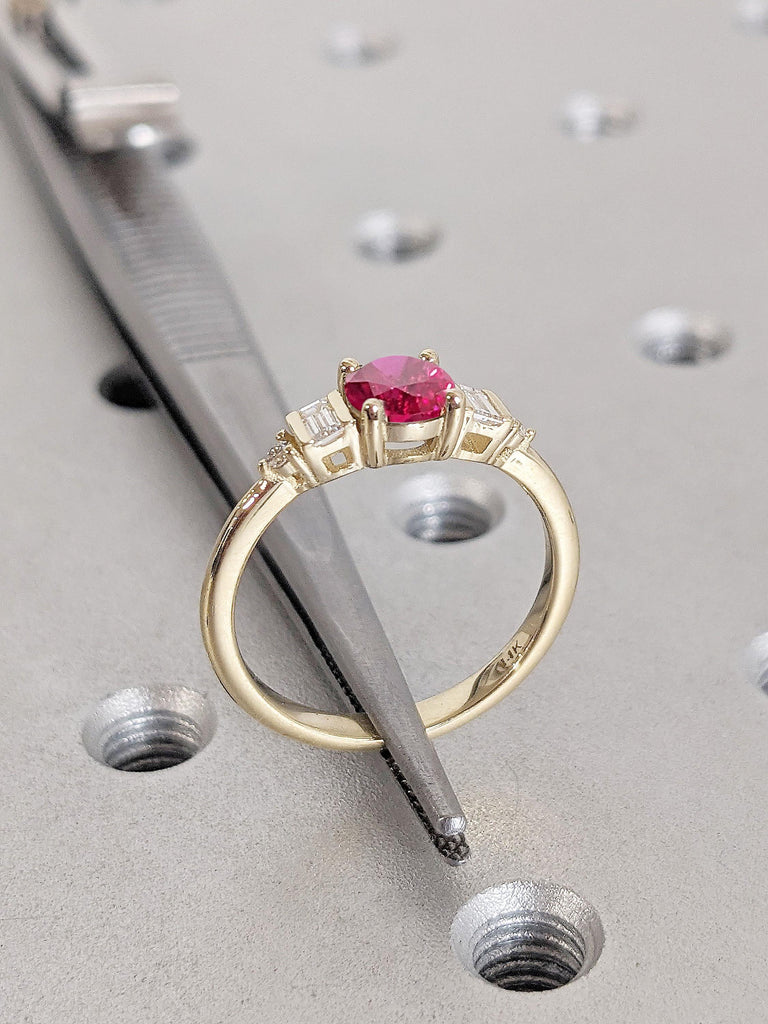Modern Ruby Engagement Ring for Women | Yellow Gold Ruby and Diamond Ring | Baguette Diamond Dainty Promise Ring | Bridal Anniversary Gift