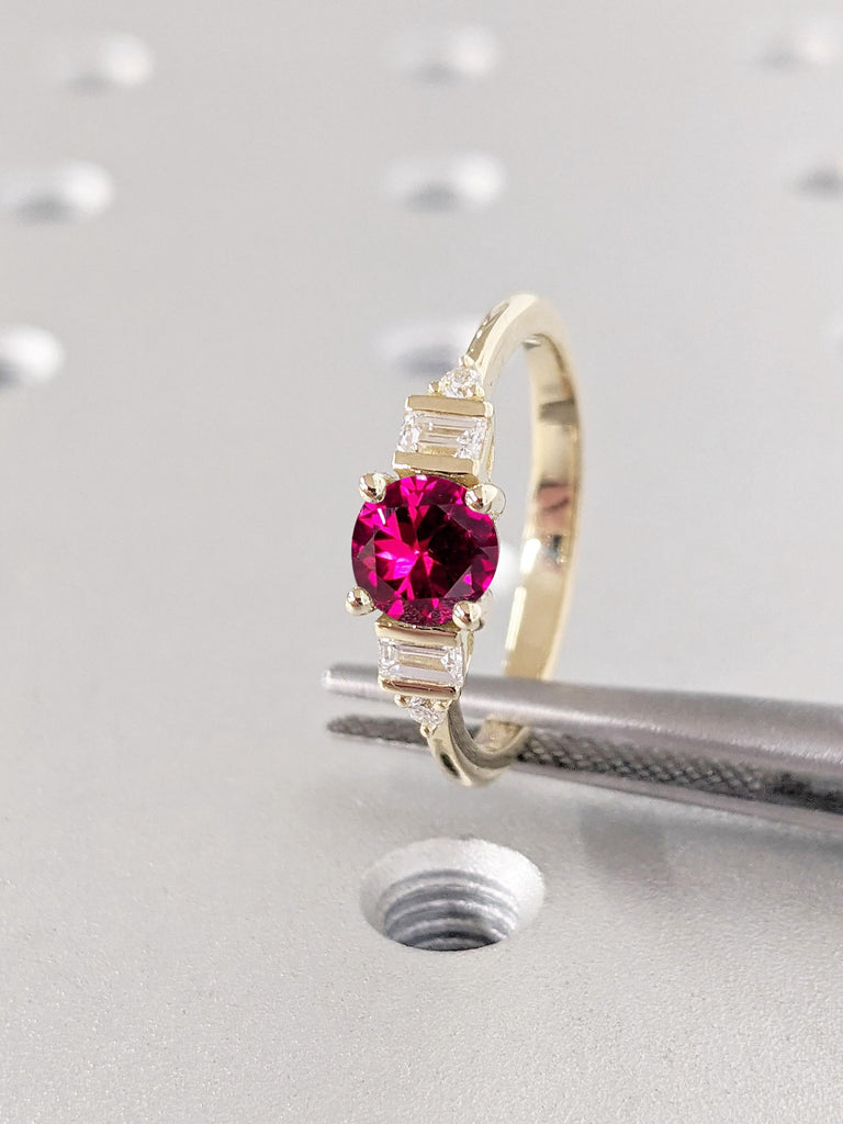 Modern Ruby Engagement Ring for Women | Yellow Gold Ruby and Diamond Ring | Baguette Diamond Dainty Promise Ring | Bridal Anniversary Gift