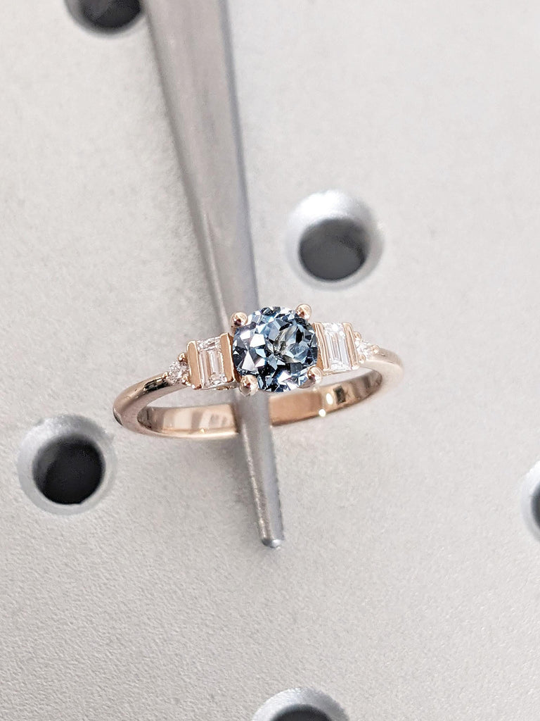 Round Aquamarine Engagement Ring | Lab Aquamarine and Natural Diamond Bridal Wedding Rings For Women | Rose Gold Gemstone Anniversary Ring