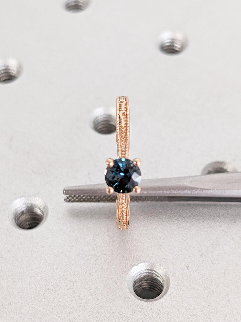 Filigree 14k Rose Gold Ring, Round Teal Sapphire Ring, Milgrain Engagement Ring, Solitaire Rings for Women, Unique Blue Green Sapphire Ring