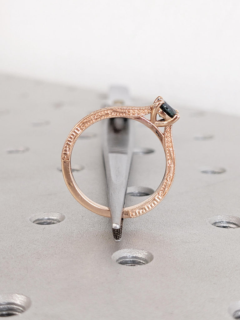 Filigree 14k Rose Gold Ring, Round Teal Sapphire Ring, Milgrain Engagement Ring, Solitaire Rings for Women, Unique Blue Green Sapphire Ring