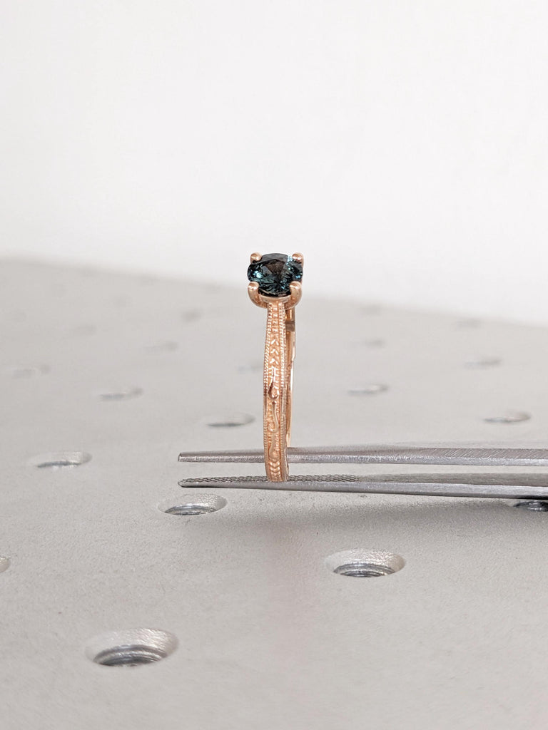 Filigree 14k Rose Gold Ring, Round Teal Sapphire Ring, Milgrain Engagement Ring, Solitaire Rings for Women, Unique Blue Green Sapphire Ring
