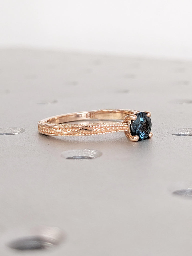 Round Peacock Sapphire Ring, 14k Rose Gold Engagement Ring, Vintage Solitaire Ring, Art Deco Filigree Ring, Montana Sapphire Birthstone Ring