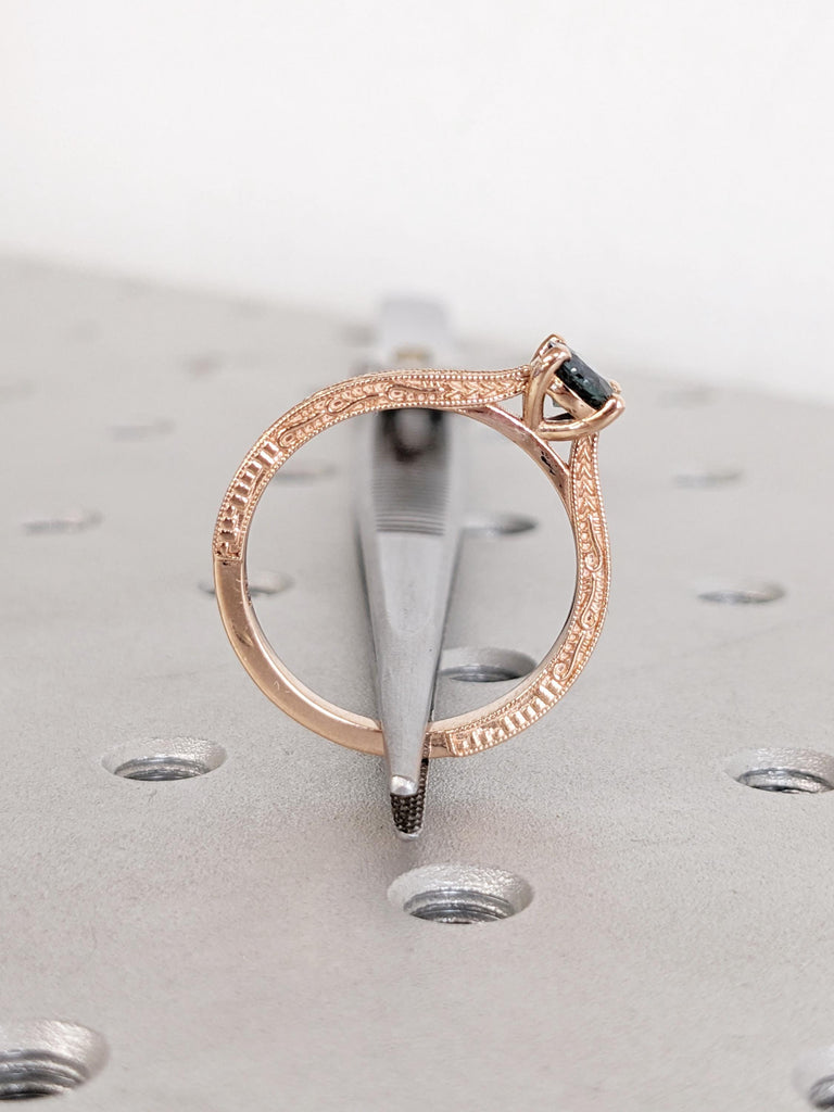 Round Peacock Sapphire Ring, 14k Rose Gold Engagement Ring, Vintage Solitaire Ring, Art Deco Filigree Ring, Montana Sapphire Birthstone Ring