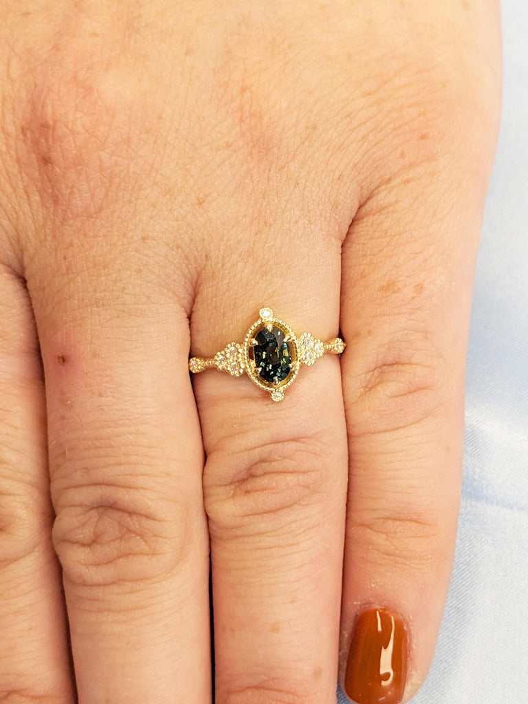 Oval Teal Sapphire Engagement Ring, 14k Solid Gold Ring, Diamond Cluster Ring, Unique Wedding Ring, Victorian Ring for Women, Promise Ring