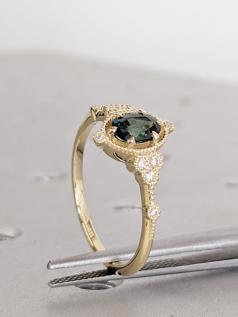 Oval Teal Sapphire Engagement Ring, 14k Solid Gold Ring, Diamond Cluster Ring, Unique Wedding Ring, Victorian Ring for Women, Promise Ring