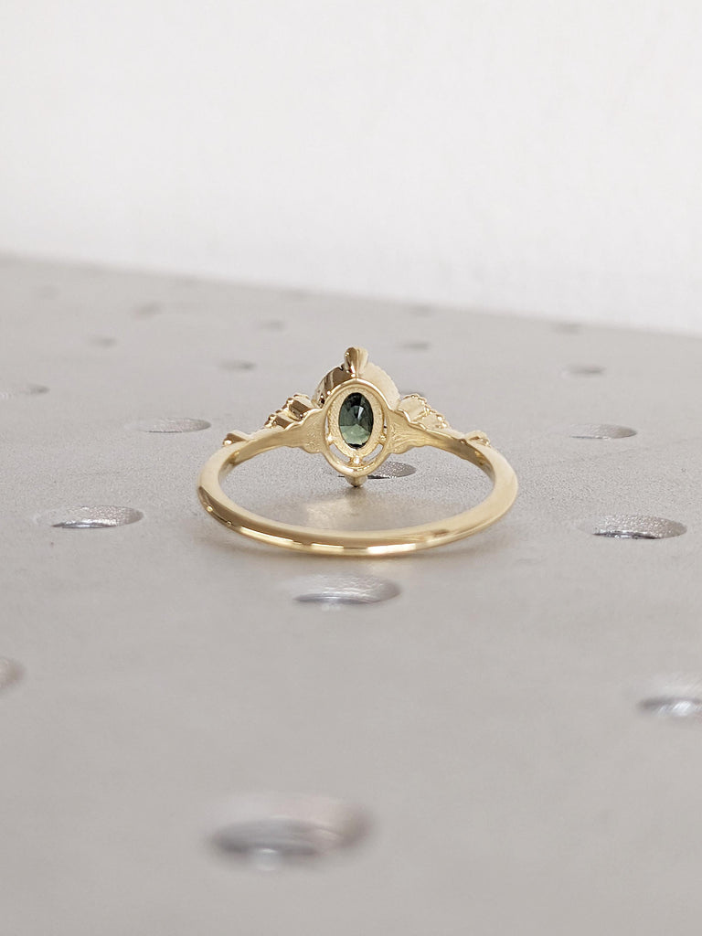 Oval Teal Sapphire Engagement Ring, 14k Solid Gold Ring, Diamond Cluster Ring, Unique Wedding Ring, Victorian Ring for Women, Promise Ring