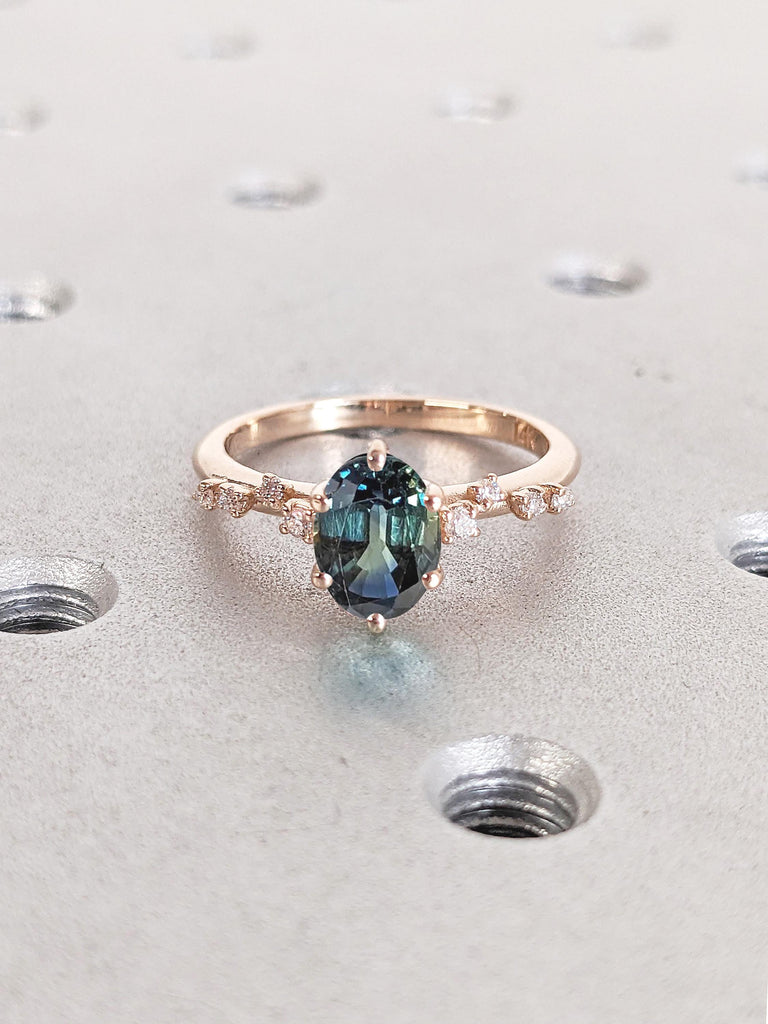 Oval Engagement Ring, Blue Green Sapphire Ring, Rose Gold Rings, Montana Sapphire Ring, Birthstone Ring, Diamond Cluster Ring, Unique Rings