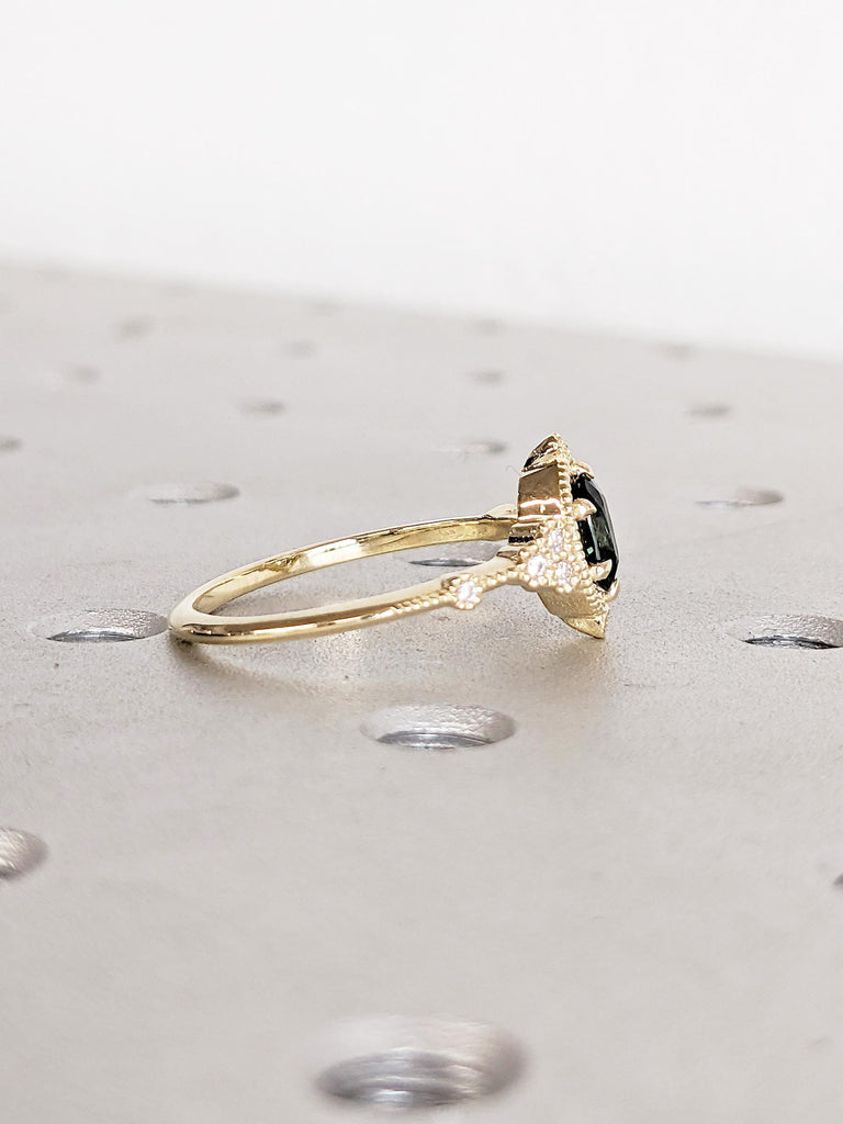 Oval Teal Sapphire Engagement Ring, 14k Solid Gold Ring, Diamond Cluster Ring, Unique Wedding Ring, Victorian Ring for Women, Promise Ring