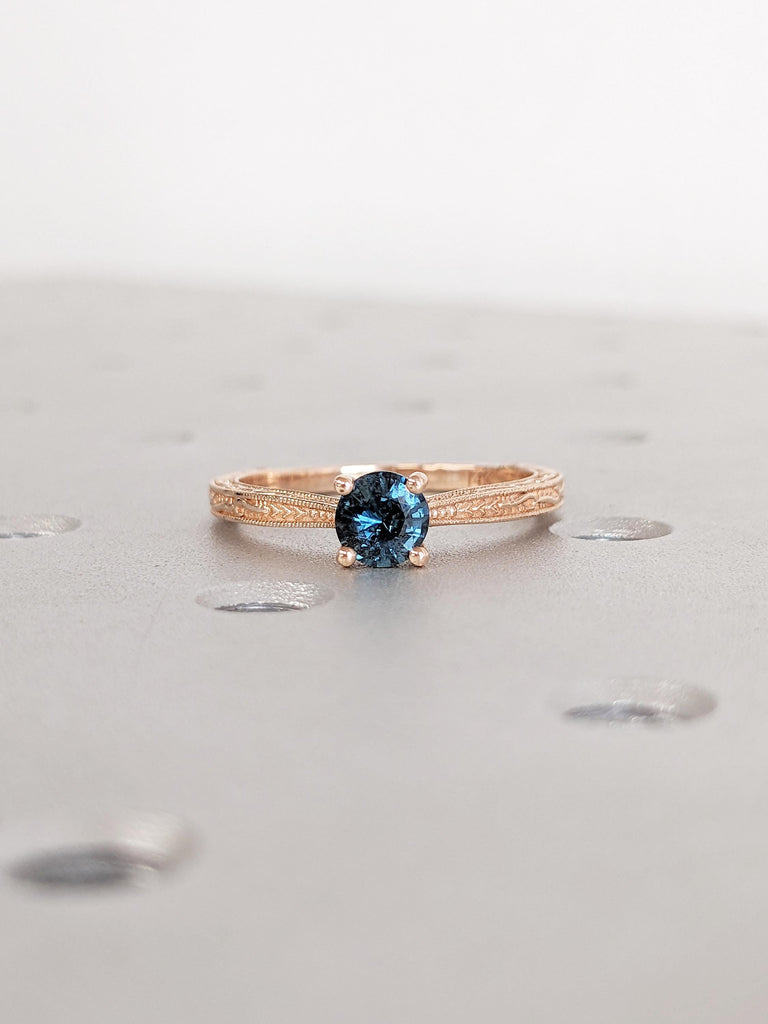 Round Peacock Sapphire Ring, 14k Rose Gold Engagement Ring, Vintage Solitaire Ring, Art Deco Filigree Ring, Montana Sapphire Birthstone Ring