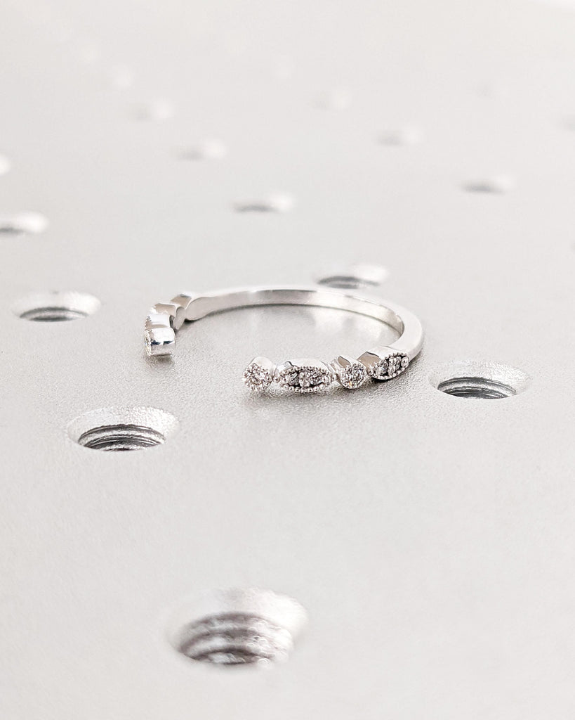 Art Deco Diamond Wedding Band, Milgrain Half Eternity Dainty Open Wedding Band, Lab Diamond/Moissanite 14K White Gold Stacking Ring for Her