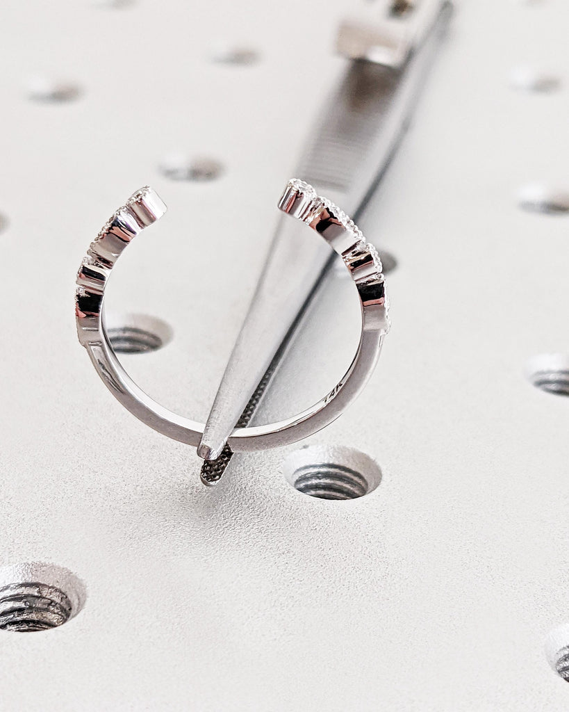 Art Deco Diamond Wedding Band, Milgrain Half Eternity Dainty Open Wedding Band, Lab Diamond/Moissanite 14K White Gold Stacking Ring for Her