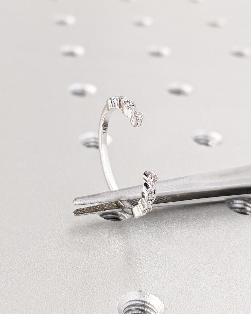 Diamond or Moissanite Open Wedding Band | Vintage Round and Marquise Milgrain Wedding Band | Half Eternity Stackable Wedding Ring | White Gold Ring for Women