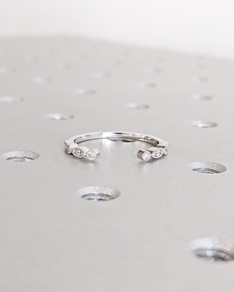 Art Deco Diamond Wedding Band, Milgrain Half Eternity Dainty Open Wedding Band, Lab Diamond/Moissanite 14K White Gold Stacking Ring for Her