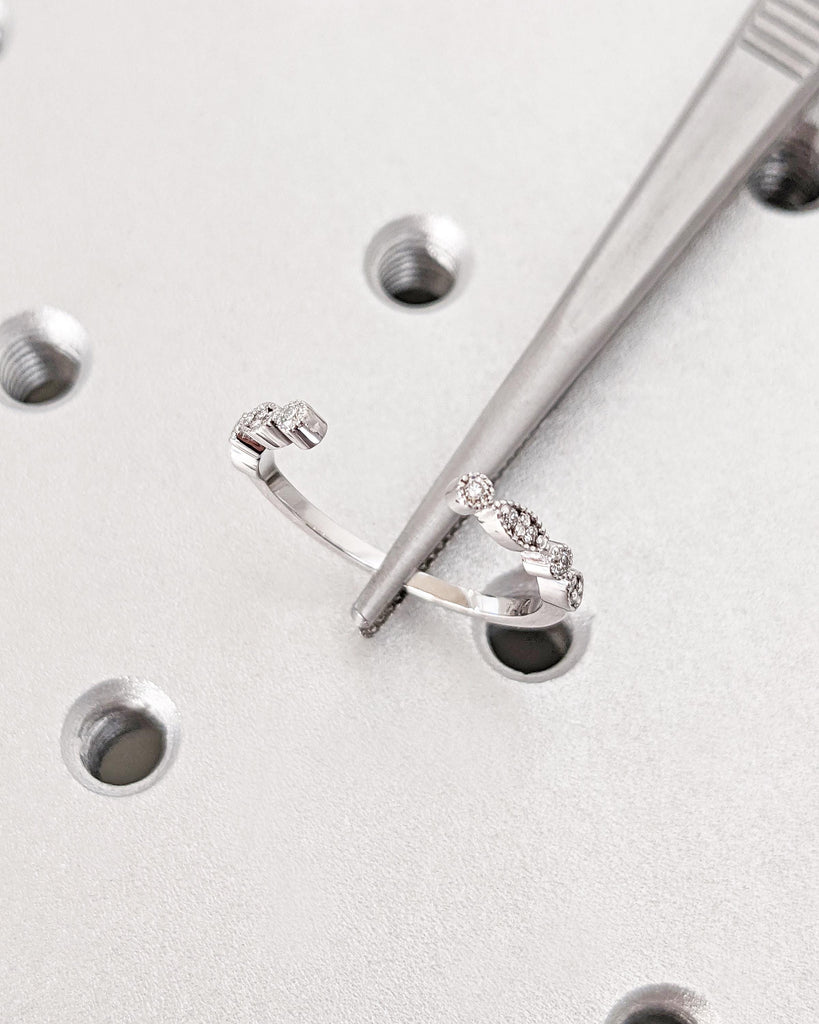 Art Deco Diamond Wedding Band, Milgrain Half Eternity Dainty Open Wedding Band, Diamond/Lab Diamond/Moissanite 14K White Gold Stacking Ring for Women