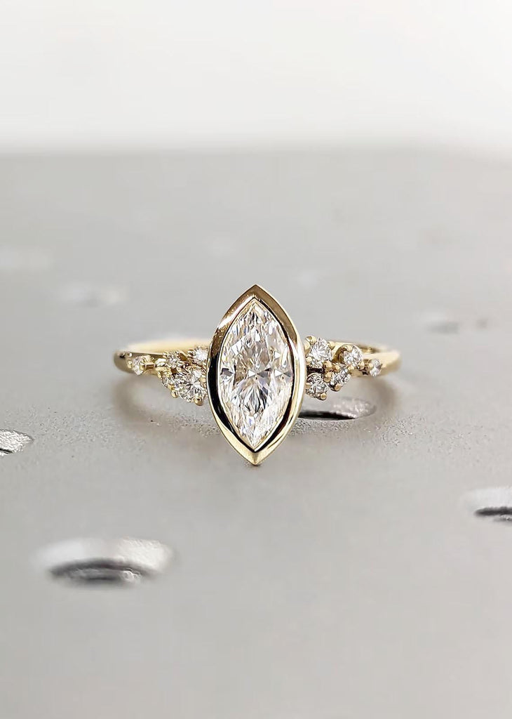 1ct Colorless Moissanite Marquise cut Promise Ring for Her | Unique Bezel set Wedding Anniversary Ring | Gift for Wife | Solid Gold White Yellow Rose | Unique Diamond Snowdrift Ring