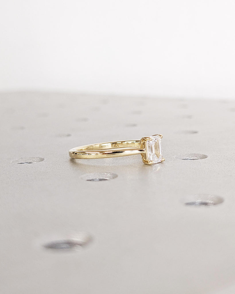 Timeless Emerald cut Lab Grown Diamond Solitaire Engagement Ring | 14K Yellow Gold High Setting Proposal Ring | Thin Wedding Band for Women