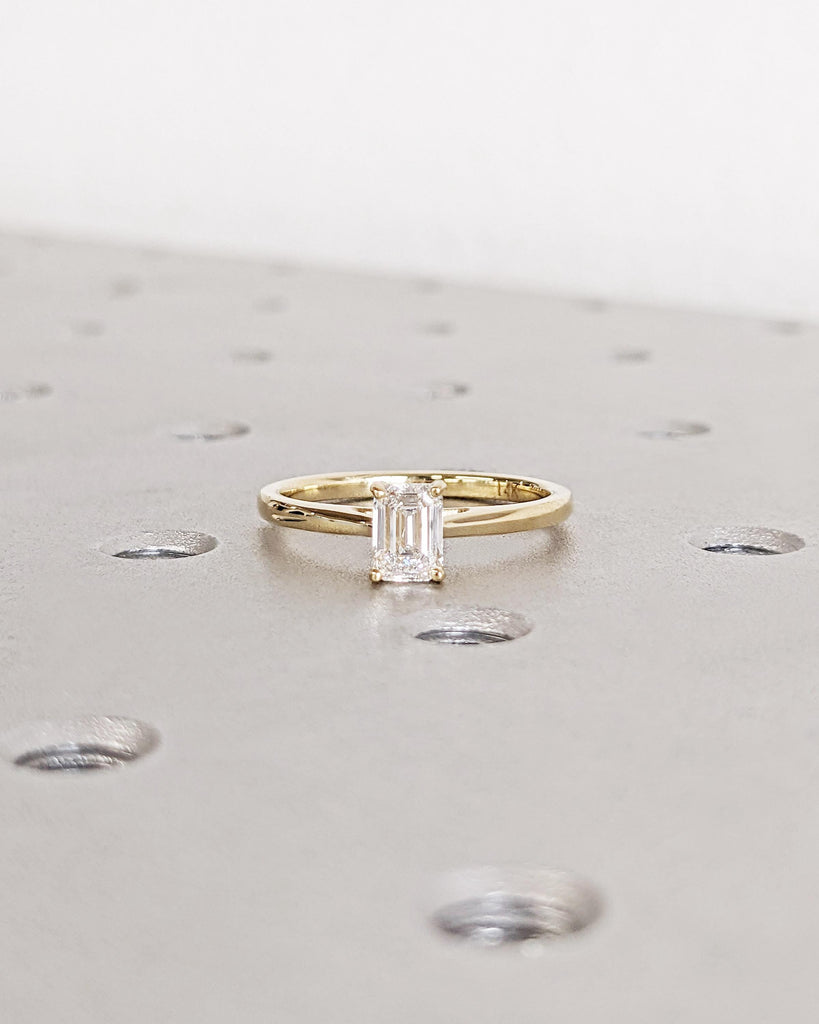 Timeless Emerald cut Lab Grown Diamond Solitaire Engagement Ring | 14K Yellow Gold High Setting Proposal Ring | Thin Wedding Band for Women