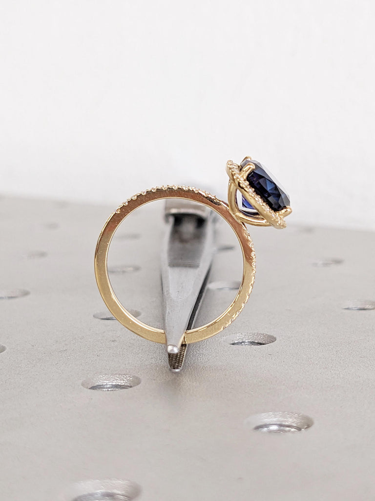 Halo Lab Created Sapphire Ring, 18k Gold Birthstone Rings, Sapphire Engagement Ring, Sapphire and Moissanite Eternity Band, Statement Ring