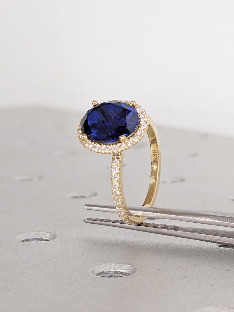 Halo Lab Created Sapphire Ring, 18k Gold Birthstone Rings, Sapphire Engagement Ring, Sapphire and Moissanite Eternity Band, Statement Ring