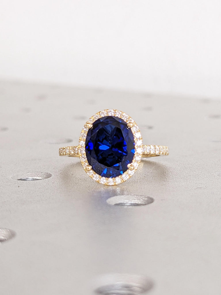 Blue Sapphire Ring, 18k Solid Gold Ring, Oval Sapphire and Diamond Engagement Rings for Women, Half Eternity Ring, September Birthstone Ring