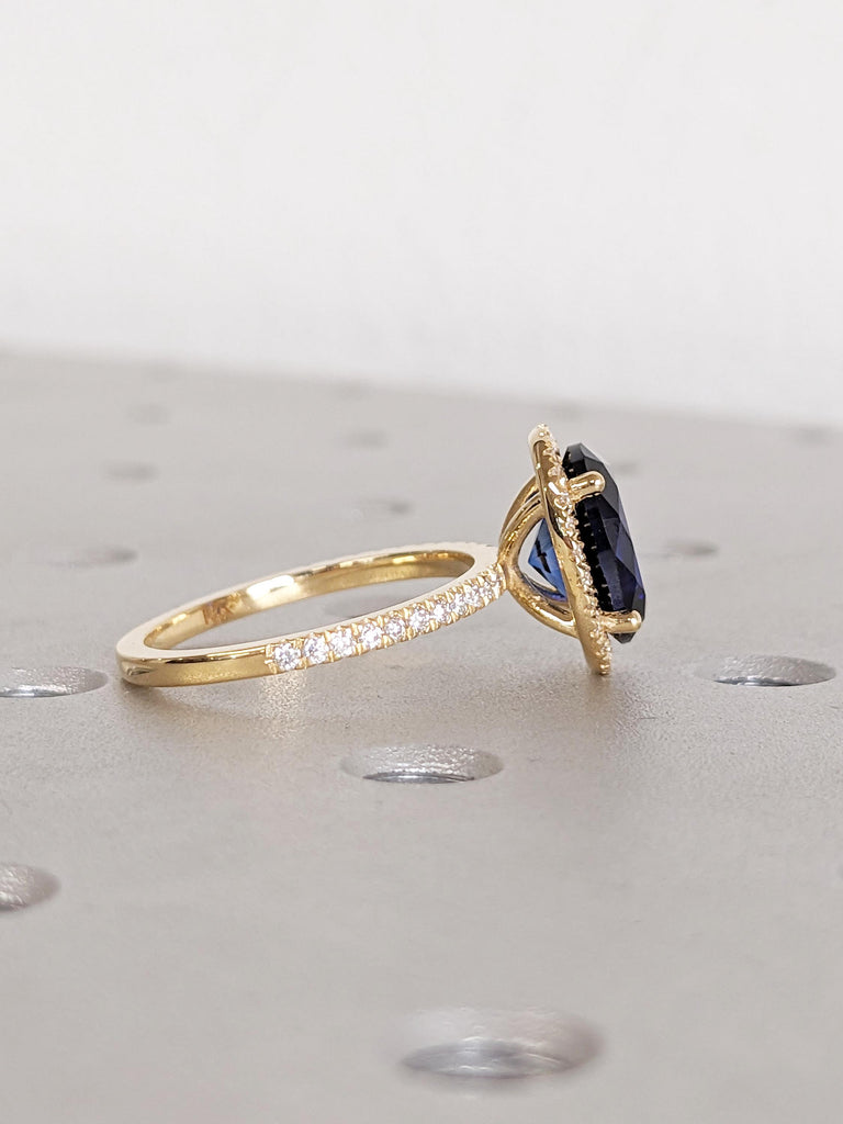 Halo Lab Created Sapphire Ring, 18k Gold Birthstone Rings, Sapphire Engagement Ring, Sapphire and Moissanite Eternity Band, Statement Ring