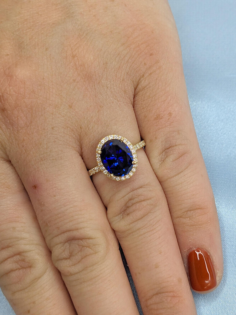 Blue Sapphire Ring, 18k Solid Gold Ring, Oval Sapphire and Diamond Engagement Rings for Women, Half Eternity Ring, September Birthstone Ring