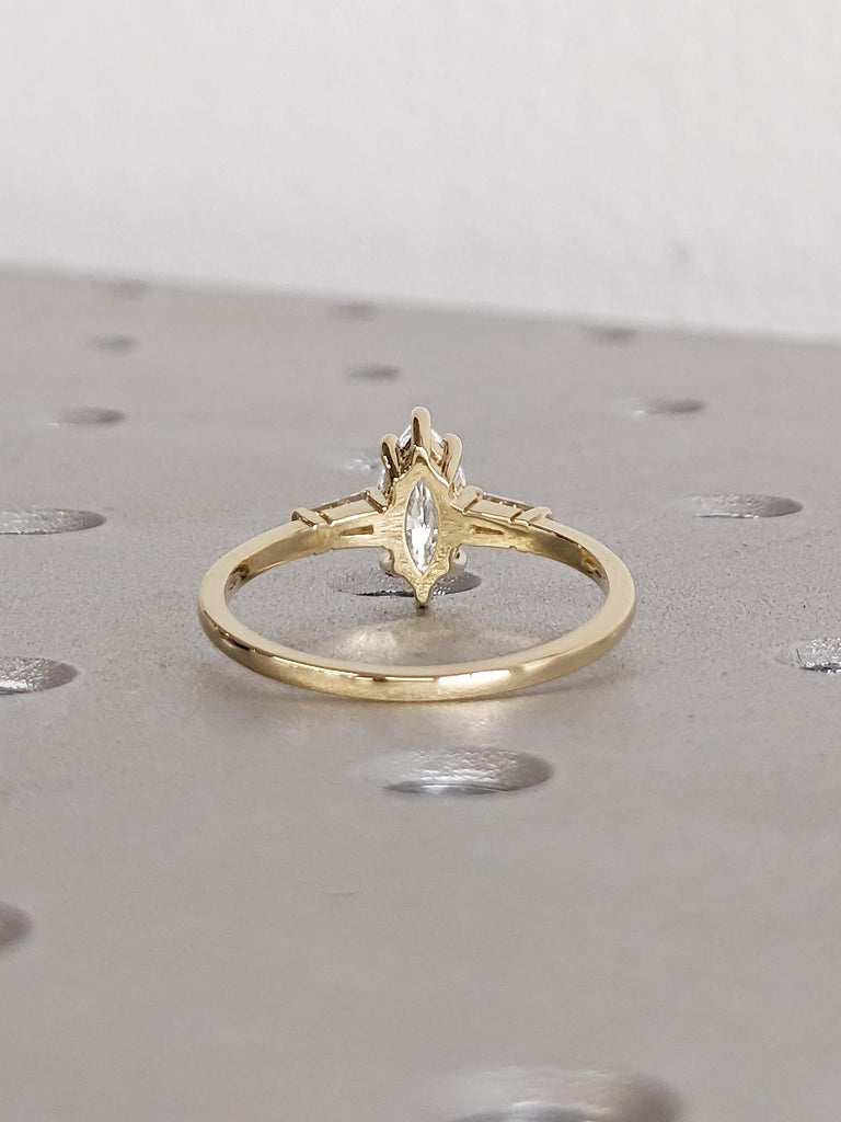 Marquise Engagement Ring, Moissanite Rings for Women, 14k Yellow Gold Statement Ring, Unique Wedding Ring, Art Deco Tapered Baguette Ring